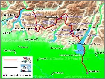Übersichtskarte Radtour Radreise Norditalien Alpen Comer See Gardasee